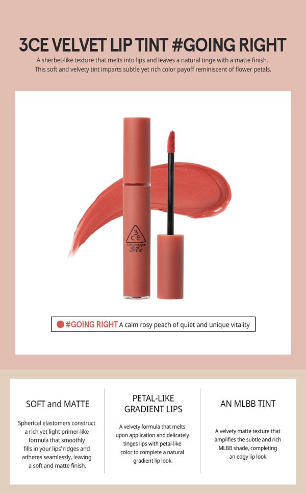 3CE Velvet Lip Tint #Going Right Online Sale